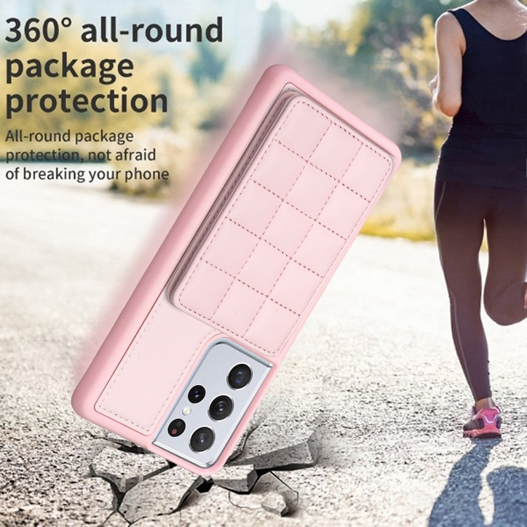 For Samsung Galaxy S21 Ultra 5G Grid Card Slot Holder Phone Case(Pink) For Samsung Galaxy S21 Ultra 5G Grid Card Slot Holder Phone Case(Pink)