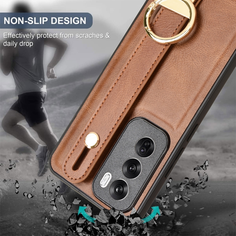 For OPPO Reno12 5G Global Wristband Leather Back Phone Case(Brown)