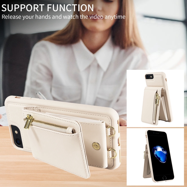For iPhone SE 2022/ 7 / 8 Crossbody Lanyard Zipper Wallet Leather Phone Case(Beige) For iPhone SE 2022/ 7 / 8 Crossbody Lanyard Zipper Wallet Leather Phone Case(Beige)