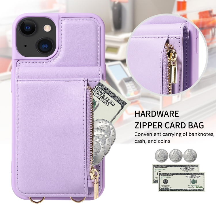 For iPhone 15 Crossbody Lanyard Zipper Wallet Leather Phone Case(Purple) For iPhone 15 Crossbody Lanyard Zipper Wallet Leather Phone Case(Purple)
