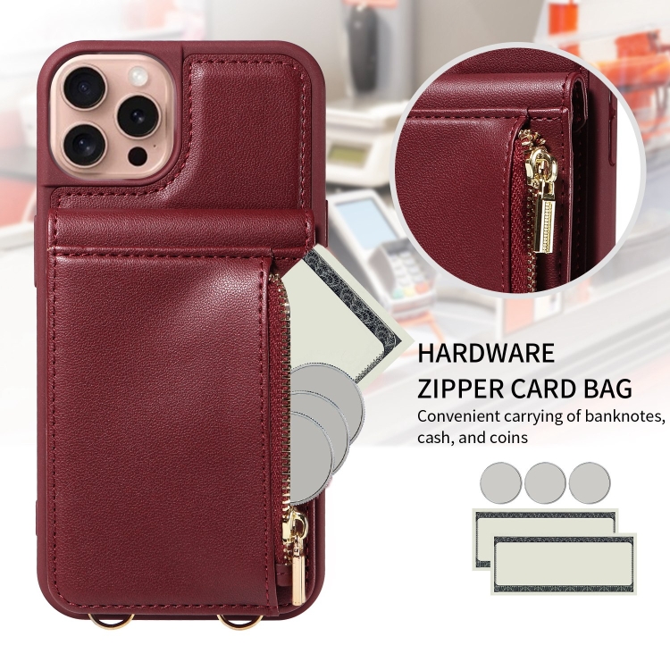 For iPhone 16 Pro Crossbody Lanyard Zipper Wallet Leather Phone Case(Wine Red) For iPhone 16 Pro Crossbody Lanyard Zipper Wallet Leather Phone Case(Wine Red)