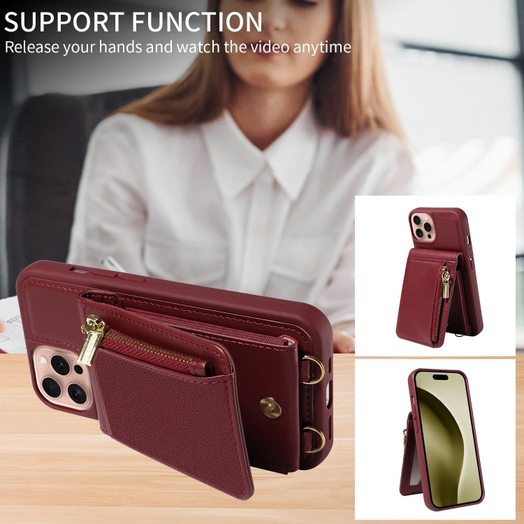 For iPhone 16 Pro Crossbody Lanyard Zipper Wallet Leather Phone Case(Wine Red) For iPhone 16 Pro Crossbody Lanyard Zipper Wallet Leather Phone Case(Wine Red)