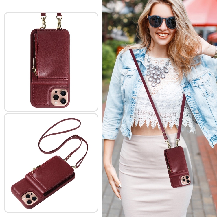 For iPhone 16 Pro Crossbody Lanyard Zipper Wallet Leather Phone Case(Wine Red) For iPhone 16 Pro Crossbody Lanyard Zipper Wallet Leather Phone Case(Wine Red)