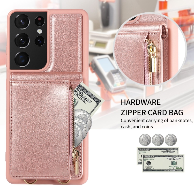 For Samsung Galaxy S21 Ultra 5G Crossbody Lanyard Zipper Wallet Leather Phone Case(Rose Gold) For Samsung Galaxy S21 Ultra 5G Crossbody Lanyard Zipper Wallet Leather Phone Case(Rose Gold)