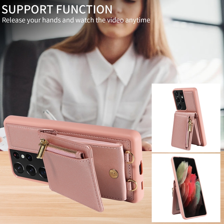 For Samsung Galaxy S21 Ultra 5G Crossbody Lanyard Zipper Wallet Leather Phone Case(Rose Gold) For Samsung Galaxy S21 Ultra 5G Crossbody Lanyard Zipper Wallet Leather Phone Case(Rose Gold)
