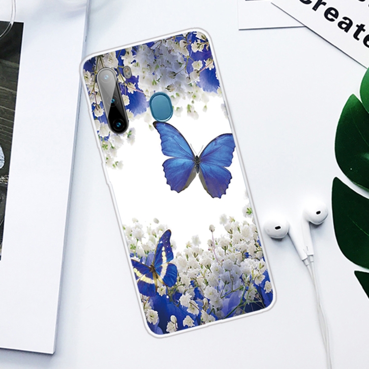 For Samsung Galaxy A21 Coloured Drawing Pattern Highly Transparent TPU Protective Case(Purple Butterfly) - 1