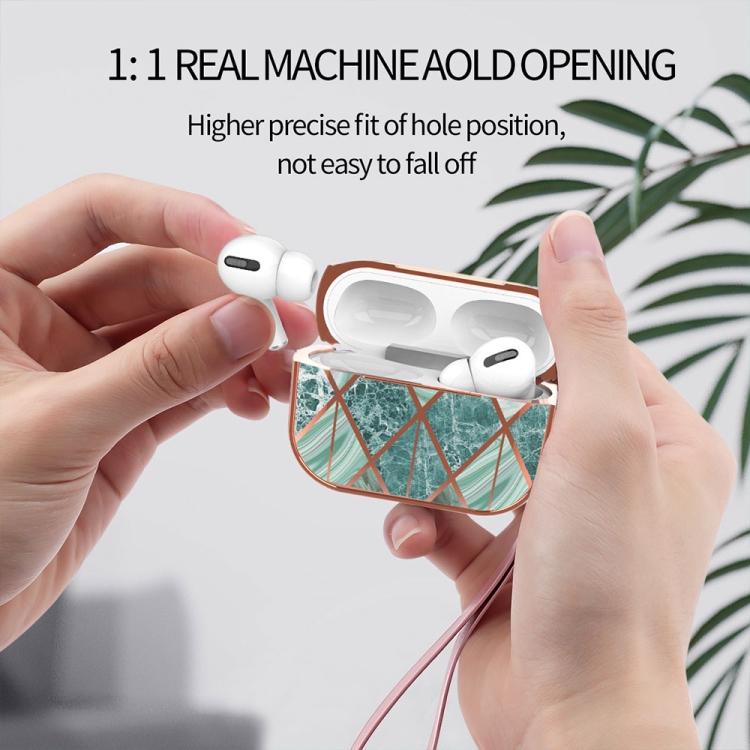 For AirPods Pro Electroplated Printed TPU Earphone Protective Case with Lanyard(Rose Gold Lake Green) - 3