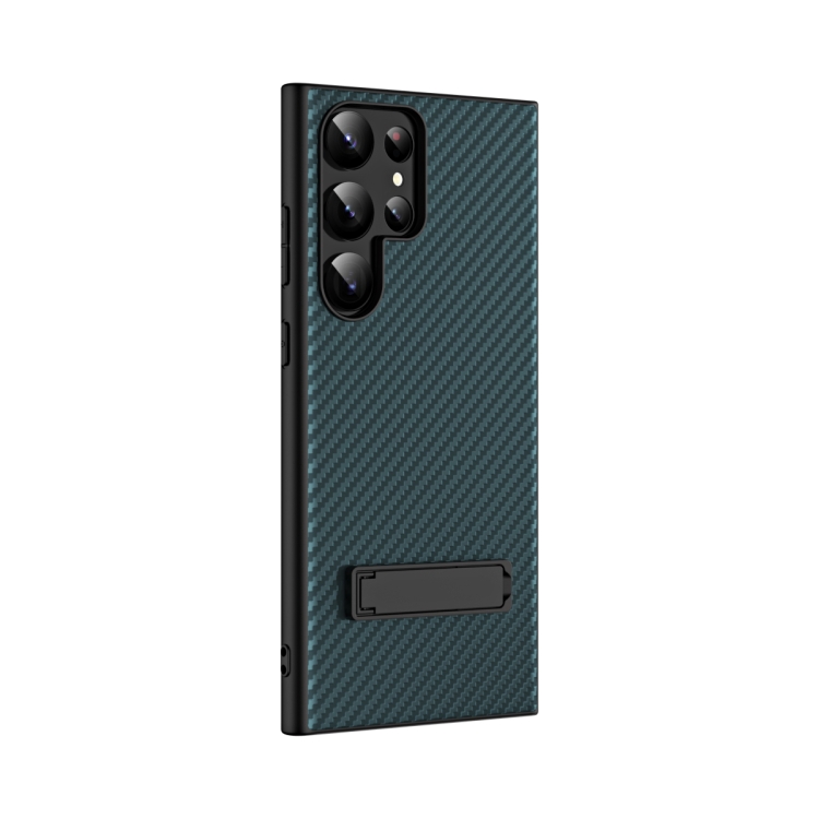 For Samsung Galaxy S23 Ultra Carbon Fiber Texture Glass Panel Protective Phone Case with Holder(Green)