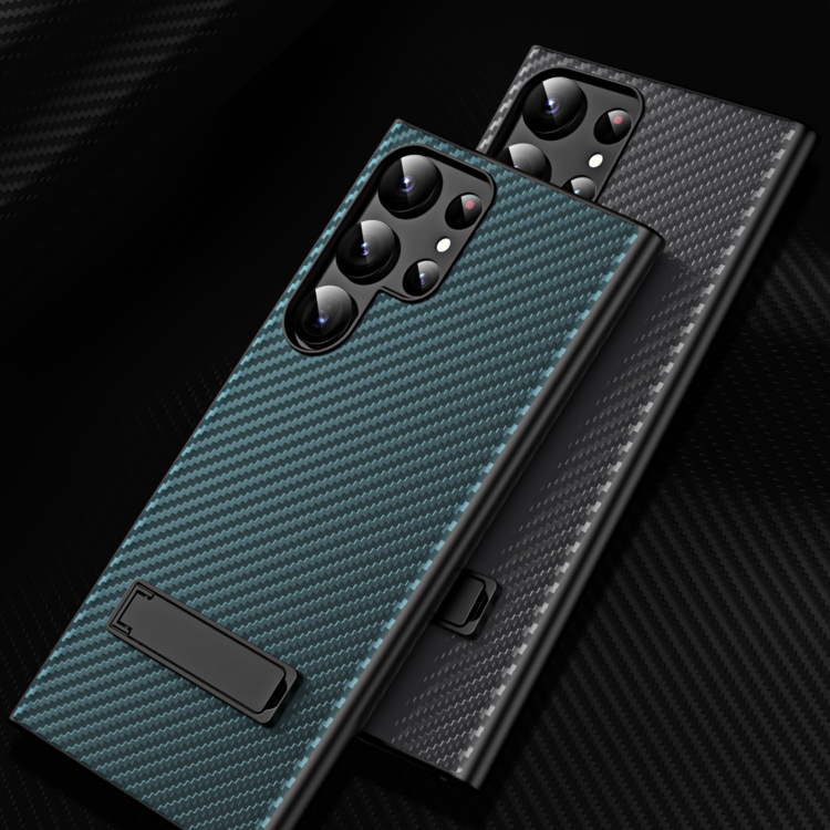 For Samsung Galaxy S23 Ultra Carbon Fiber Texture Glass Panel Protective Phone Case with Holder(Green)