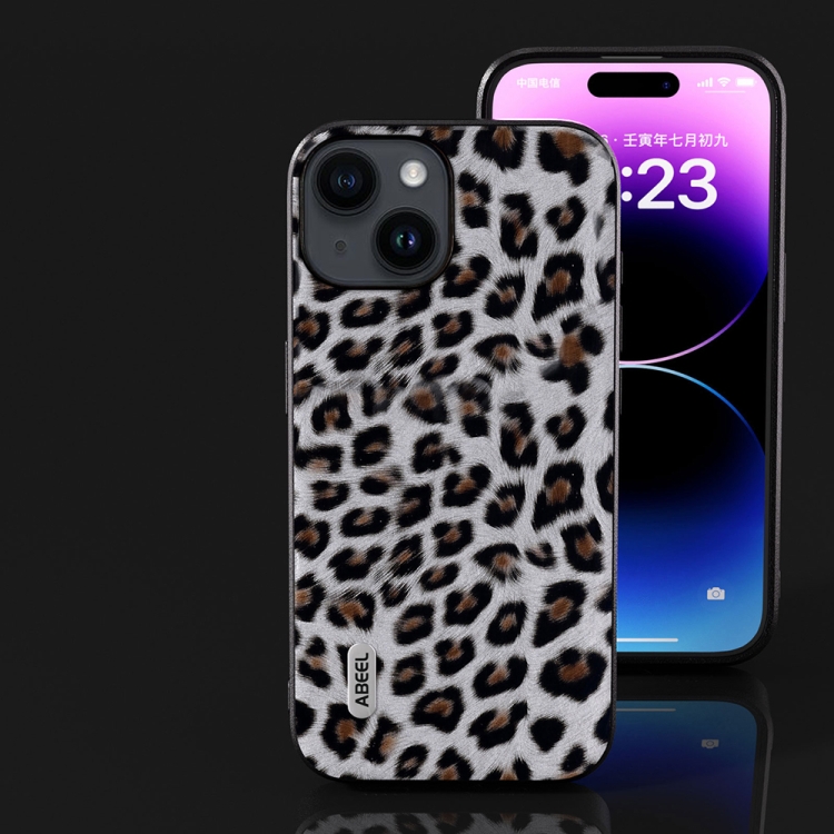 For iPhone 15 ABEEL Black Edge Leopard Phone Case(Silver Leopard) For iPhone 15 ABEEL Black Edge Leopard Phone Case(Silver Leopard)