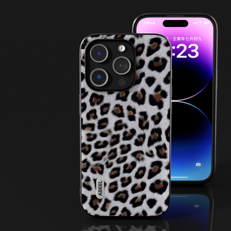 For iPhone 14 Pro ABEEL Black Edge Leopard Phone Case(Silver Leopard) For iPhone 14 Pro ABEEL Black Edge Leopard Phone Case(Silver Leopard)