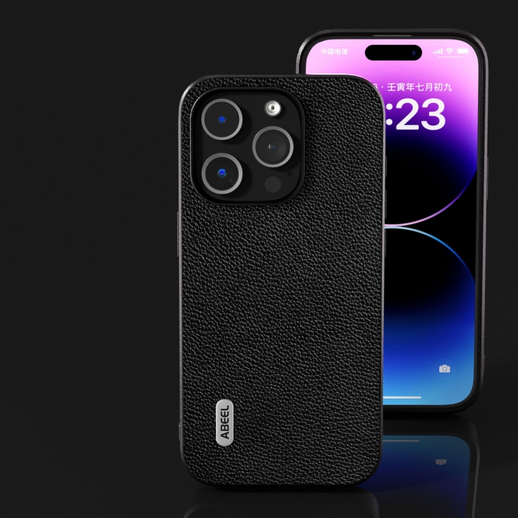 For iPhone 15 Pro ABEEL Black Edge Genuine Leather Mino Phone Case(Black) For iPhone 15 Pro ABEEL Black Edge Genuine Leather Mino Phone Case(Black)