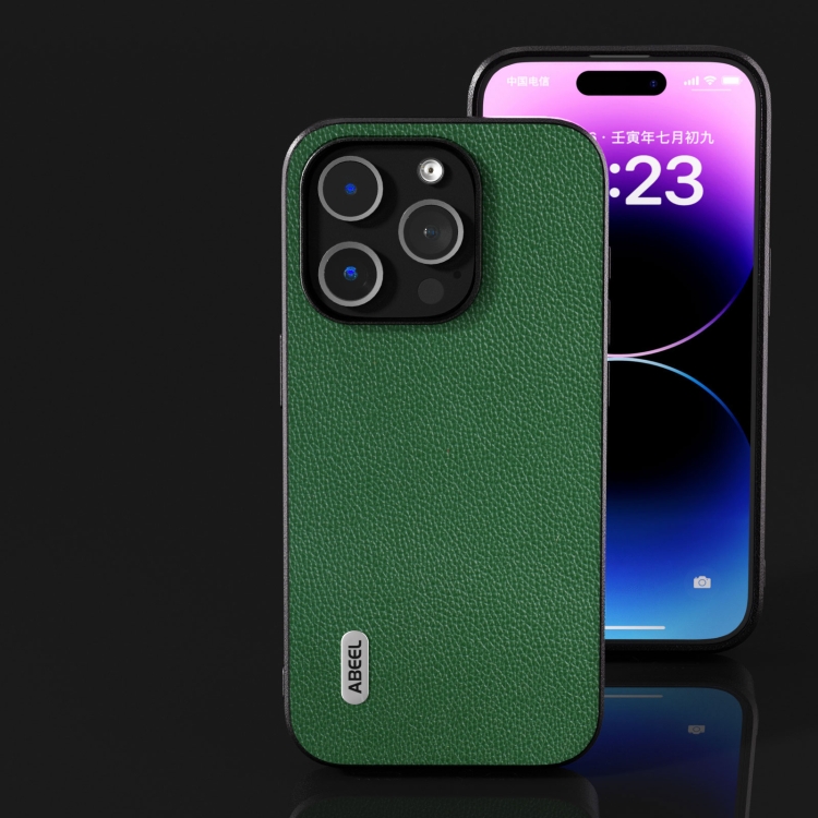 For iPhone 14 Pro ABEEL Black Edge Genuine Leather Mino Phone Case(Green) For iPhone 14 Pro ABEEL Black Edge Genuine Leather Mino Phone Case(Green)