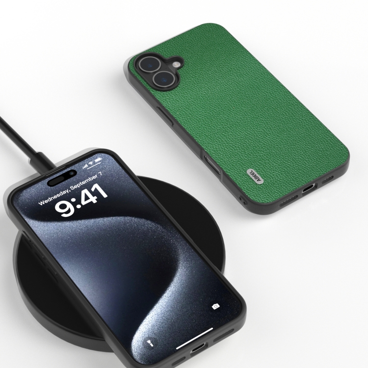 For iPhone 16 ABEEL Black Edge Genuine Leather Mino Phone Case(Green) For iPhone 16 ABEEL Black Edge Genuine Leather Mino Phone Case(Green)