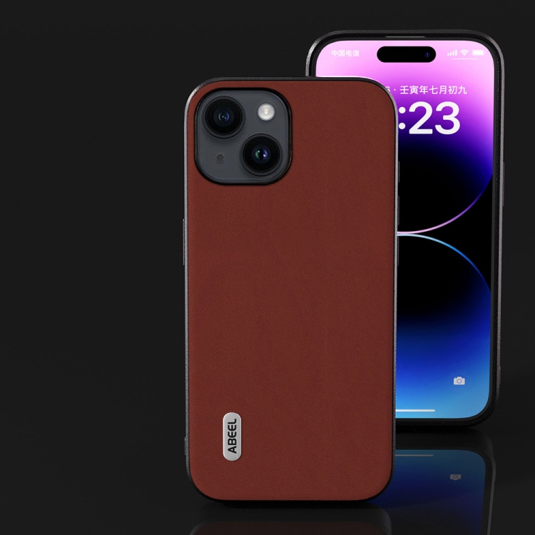 For iPhone 14 Plus ABEEL Genuine Leather Silky Soft Black Edge Phone Case(Coffee) For iPhone 14 Plus ABEEL Genuine Leather Silky Soft Black Edge Phone Case(Coffee)