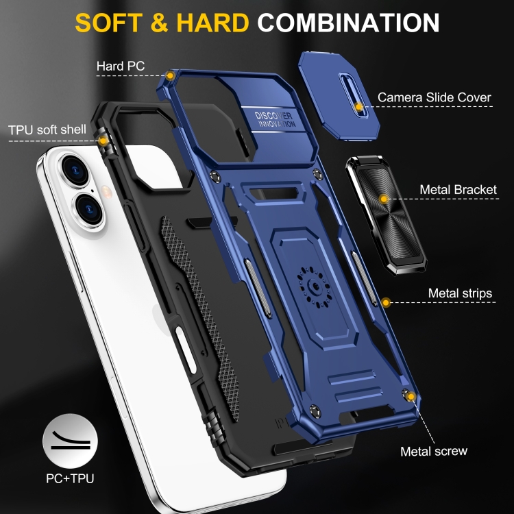 For iPhone 16 Plus Armor PC + TPU Camera Shield Phone Case(Navy Blue)