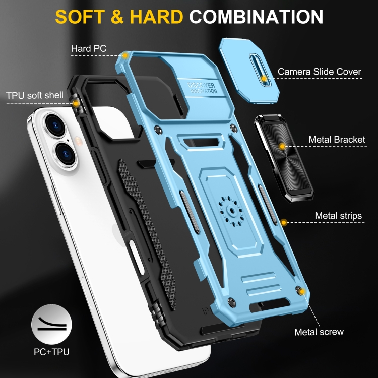 For iPhone 16 Armor PC + TPU Camera Shield Phone Case(Light Blue)