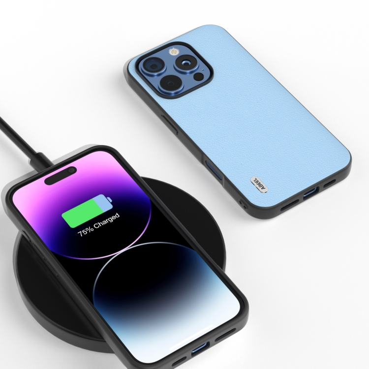 For iPhone 16 Pro ABEEL Genuine Leather Wave Black Edge Phone Case(Blue) For iPhone 16 Pro ABEEL Genuine Leather Wave Black Edge Phone Case(Blue)