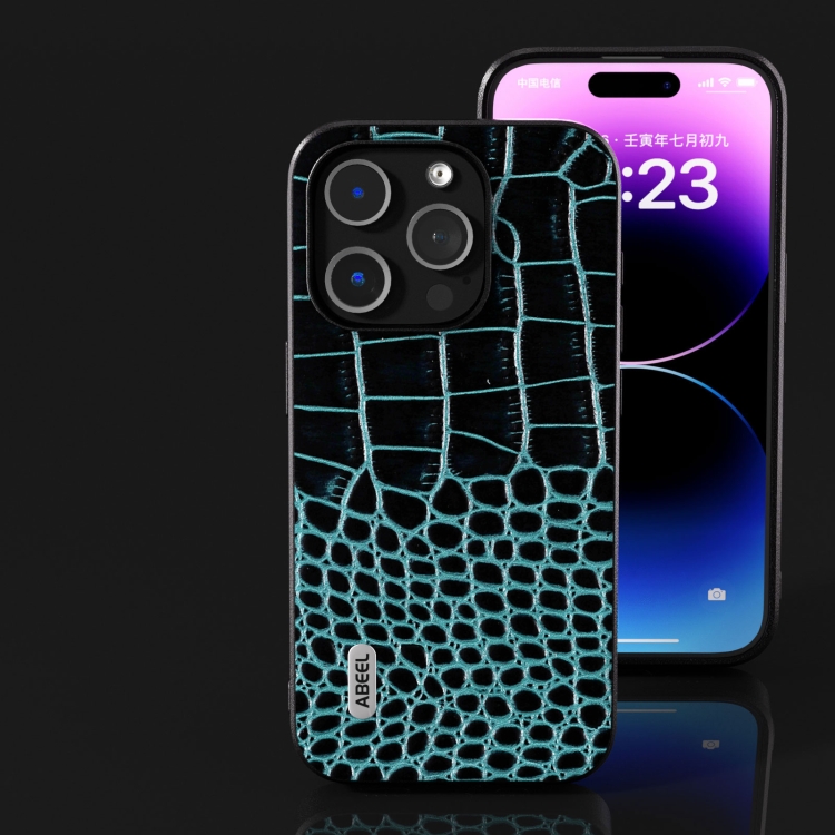 For iPhone 15 Plus ABEEL Genuine Leather Crocodile Pattern Black Edge Phone Case(Blue) For iPhone 15 Plus ABEEL Genuine Leather Crocodile Pattern Black Edge Phone Case(Blue)