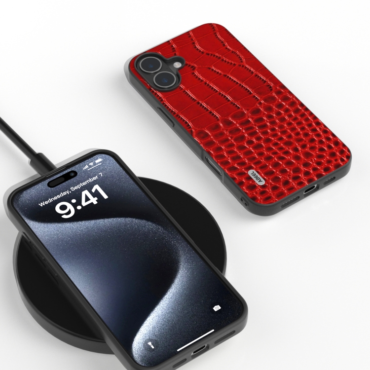 For iPhone 16 ABEEL Genuine Leather Crocodile Pattern Black Edge Phone Case(Red) For iPhone 16 ABEEL Genuine Leather Crocodile Pattern Black Edge Phone Case(Red)