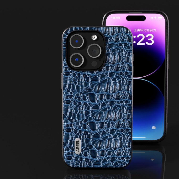 For iPhone 15 Pro ABEEL Genuine Leather Canopy Black Edge Phone Case(Blue) For iPhone 15 Pro ABEEL Genuine Leather Canopy Black Edge Phone Case(Blue)