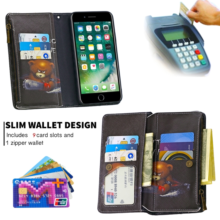 For iPhone 8 Plus & 7 Plus Colored Drawing Pattern Zipper Horizontal Flip Leather Case with Holder & Card Slots & Wallet(Bear) - 4