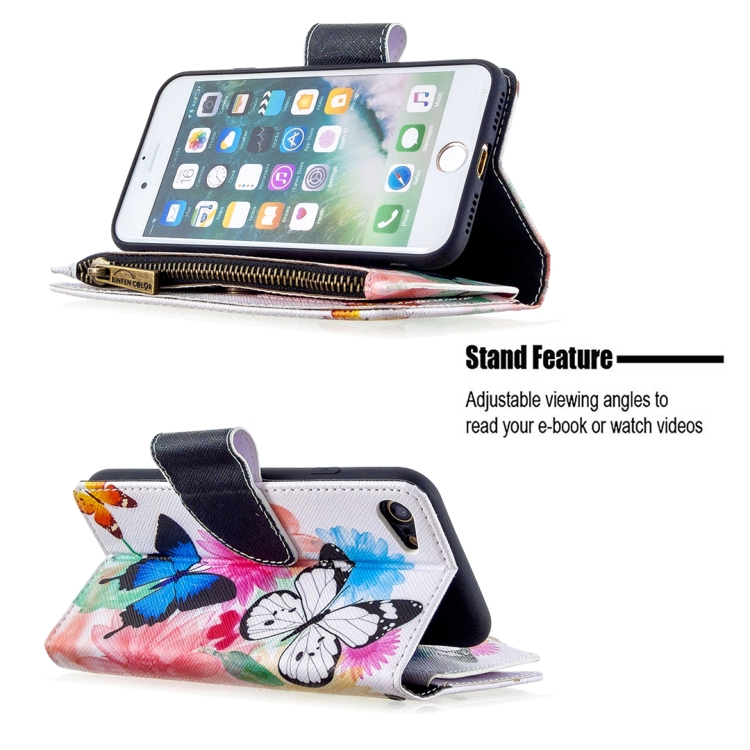 For iPhone 8 & 7 Colored Drawing Pattern Zipper Horizontal Flip Leather Case with Holder & Card Slots & Wallet(Two Butterflies) - 3