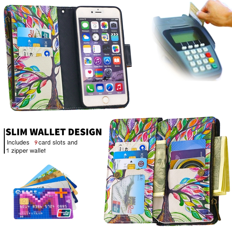For iPhone 6s Plus & 6 Plus Colored Drawing Pattern Zipper Horizontal Flip Leather Case with Holder & Card Slots & Wallet(Tree) - 4