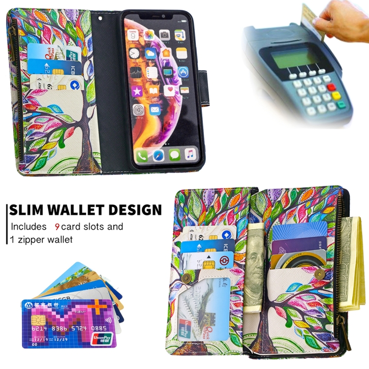 For iPhone XR Colored Drawing Pattern Zipper Horizontal Flip Leather Case with Holder & Card Slots & Wallet(Tree) - 4