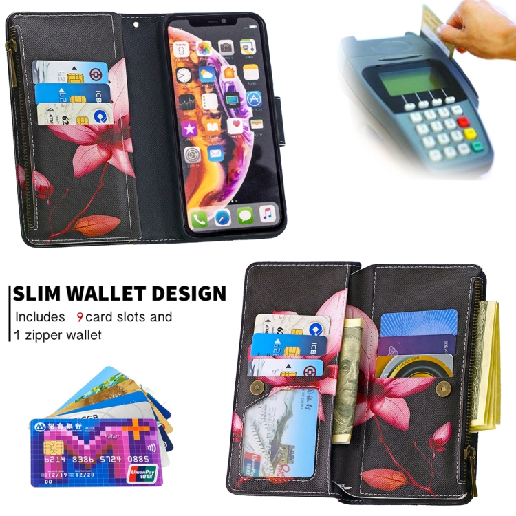 For iPhone XR Colored Drawing Pattern Zipper Horizontal Flip Leather Case with Holder & Card Slots & Wallet(Lotus) - 4