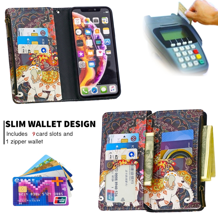 For iPhone XR Colored Drawing Pattern Zipper Horizontal Flip Leather Case with Holder & Card Slots & Wallet(Flower Elephants) - 4