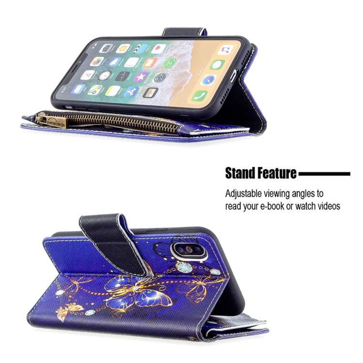 For iPhone XS / X Colored Drawing Pattern Zipper Horizontal Flip Leather Case with Holder & Card Slots & Wallet(Purple Butterfly) - 3