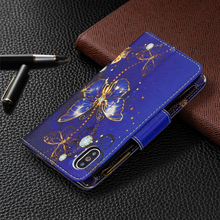 For iPhone XS / X Colored Drawing Pattern Zipper Horizontal Flip Leather Case with Holder & Card Slots & Wallet(Purple Butterfly) - 6