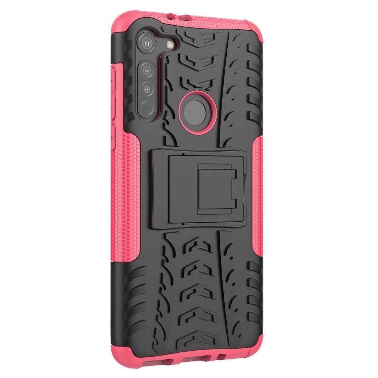 For Motorola Moto G8 Tire Texture Shockproof TPU+PC Protective Case with Holder(Pink) - 4