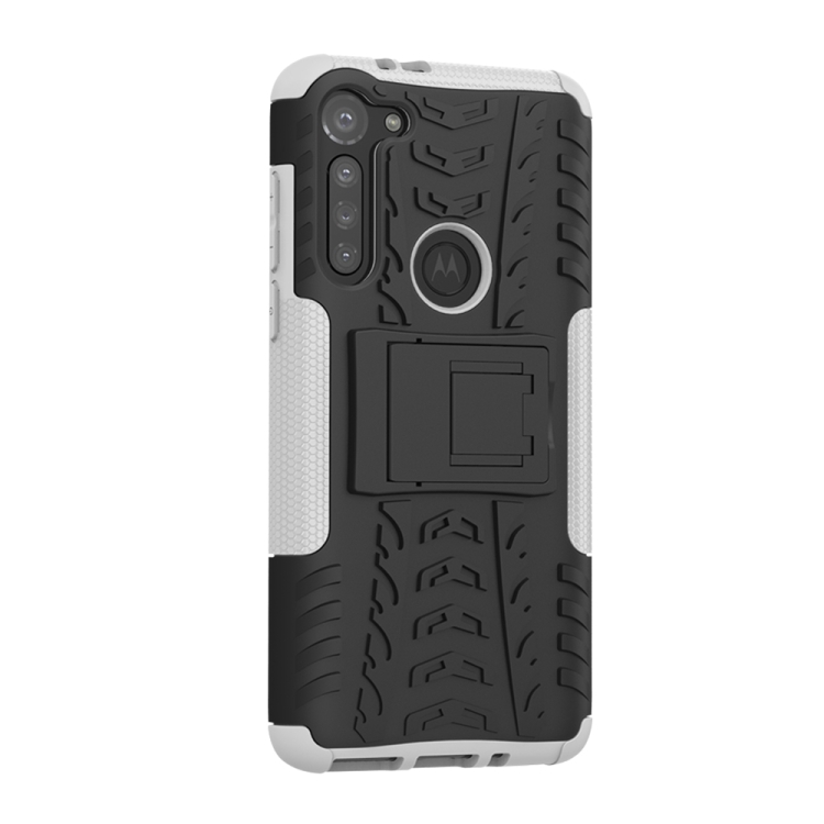 For Motorola Moto G8 Power Tire Texture Shockproof TPU+PC Protective Case with Holder(White) - 4