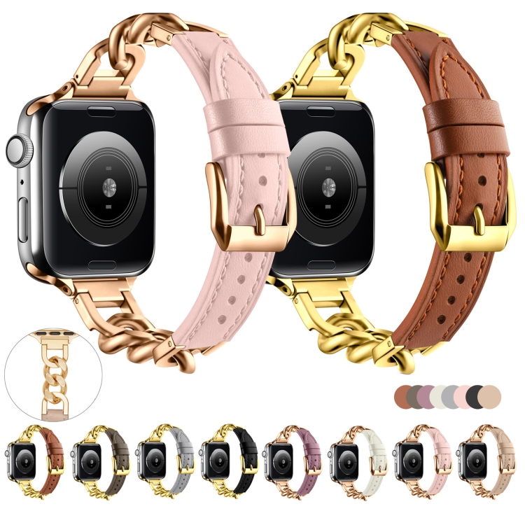 For Apple Watch 8 45mm Chain Genuine Leather Watch Band, Size: S(Rose Gold  Beige)