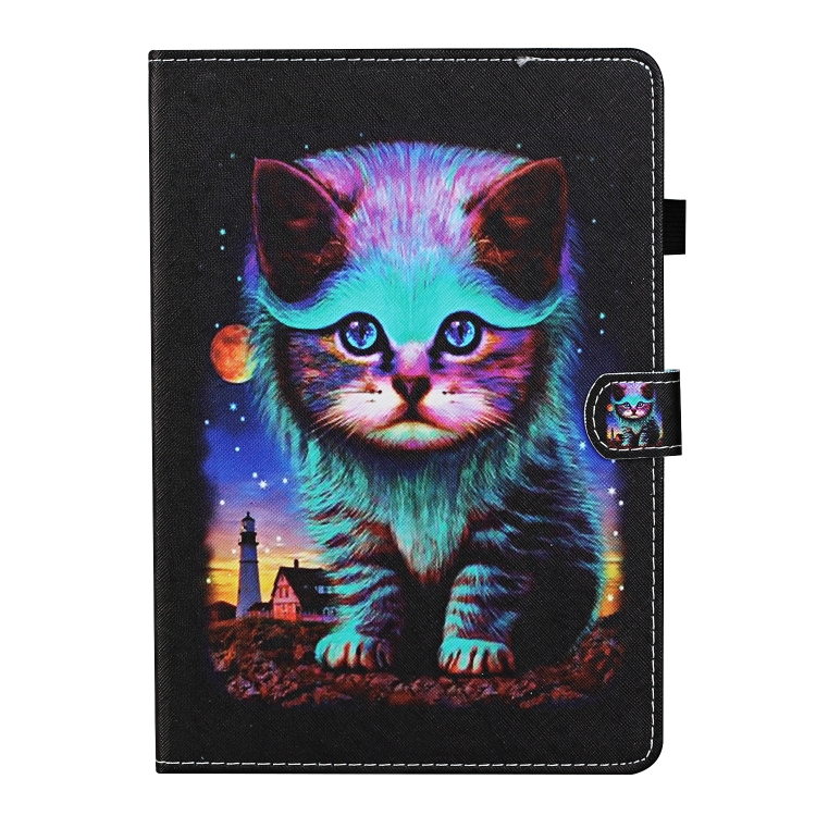 For Samsung Galaxy Tab S6 Lite P610 / P615 Colored Drawing Stitching Horizontal Flip Leather Case, with Holder & Card Slots(Night Cat) - 1
