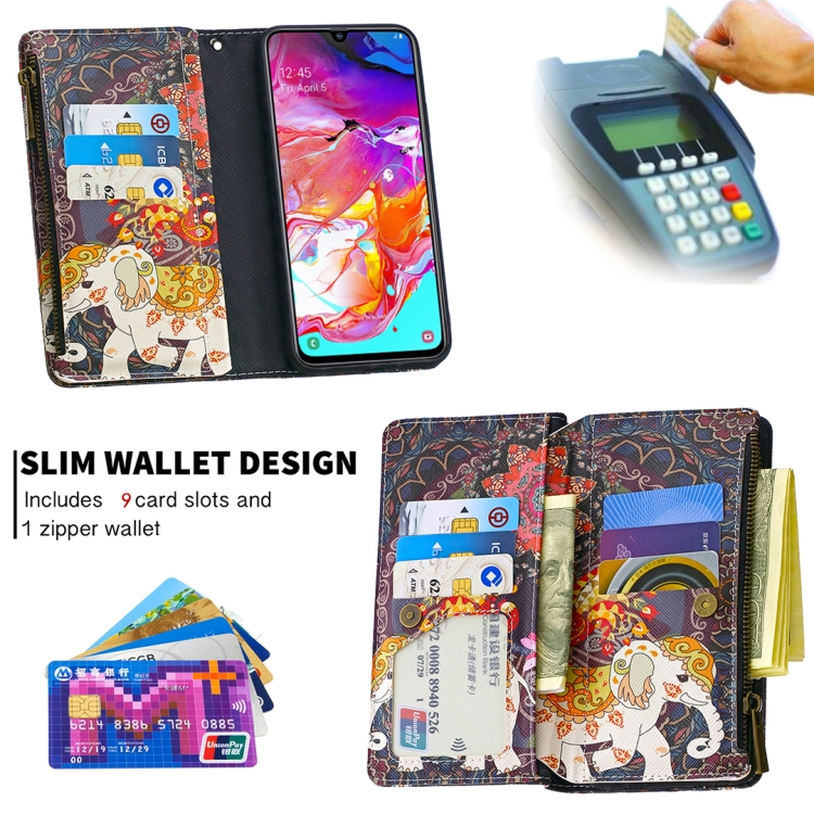 For Samsung Galaxy A70 Colored Drawing Pattern Zipper Horizontal Flip Leather Case with Holder & Card Slots & Wallet(Flower Elephants) - 4