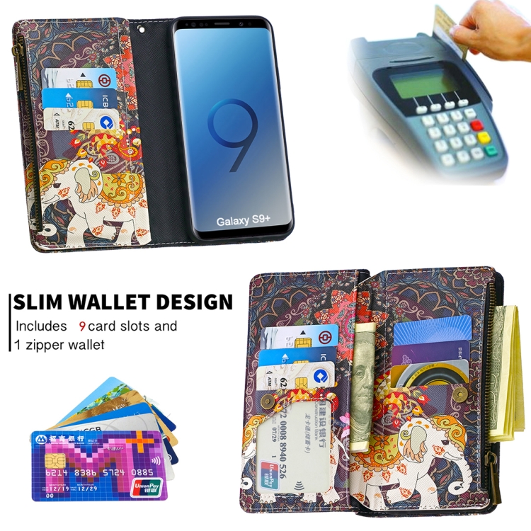 For Samsung Galaxy S9 Plus Colored Drawing Pattern Zipper Horizontal Flip Leather Case with Holder & Card Slots & Wallet(Flower Elephants) - 4