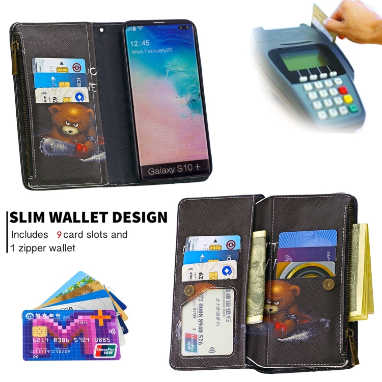 For Samsung Galaxy S10 Plus Colored Drawing Pattern Zipper Horizontal Flip Leather Case with Holder & Card Slots & Wallet(Bear) - 4