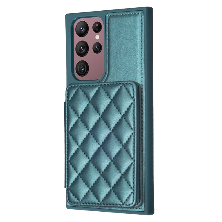 For Samsung Galaxy S22 Ultra 5G BF25 Square Plaid Card Bag Holder Phone Case(Green)
