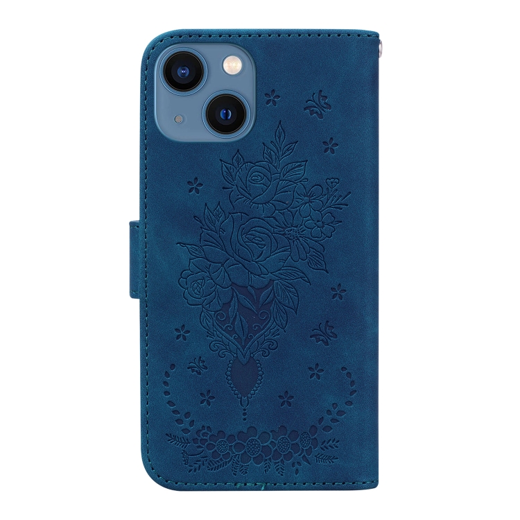For iPhone 15 Plus Butterfly Rose Embossed Leather Phone Case(Blue) For iPhone 15 Plus Butterfly Rose Embossed Leather Phone Case(Blue)