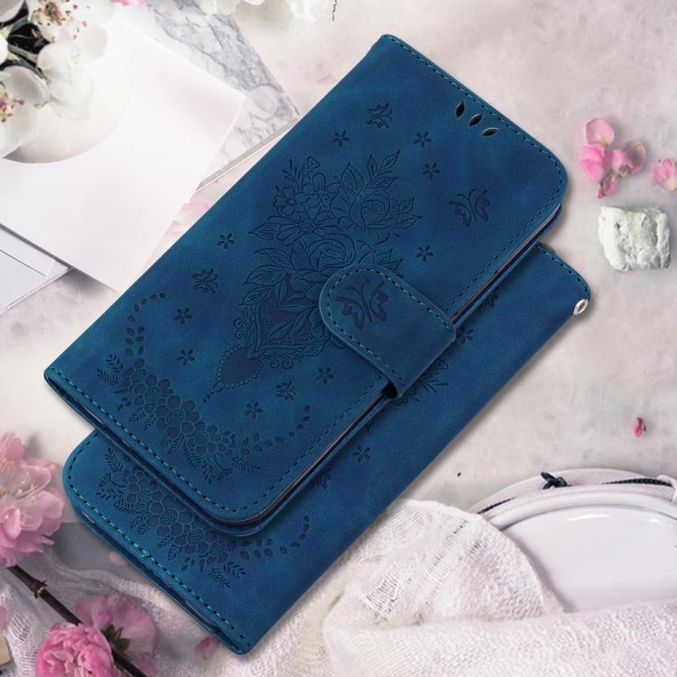 For Motorola Moto G67 5G / Moto G77 5G Butterfly Rose Embossed Leather Phone Case(Blue)