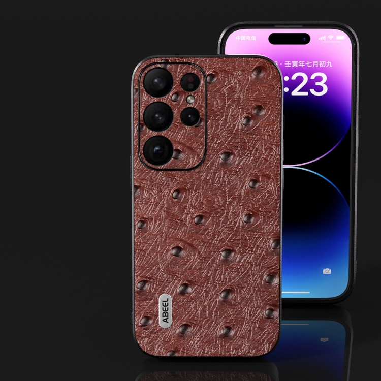 For Samsung Galaxy S23 5G ABEEL Genuine Leather Ostrich Texture Phone Case(Coffee) For Samsung Galaxy S23 5G ABEEL Genuine Leather Ostrich Texture Phone Case(Coffee)