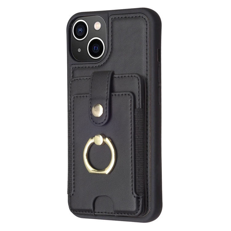 For iPhone 14 / 13 BF27 Metal Ring Card Bag Holder Phone Case(Black) For iPhone 14 / 13 BF27 Metal Ring Card Bag Holder Phone Case(Black)