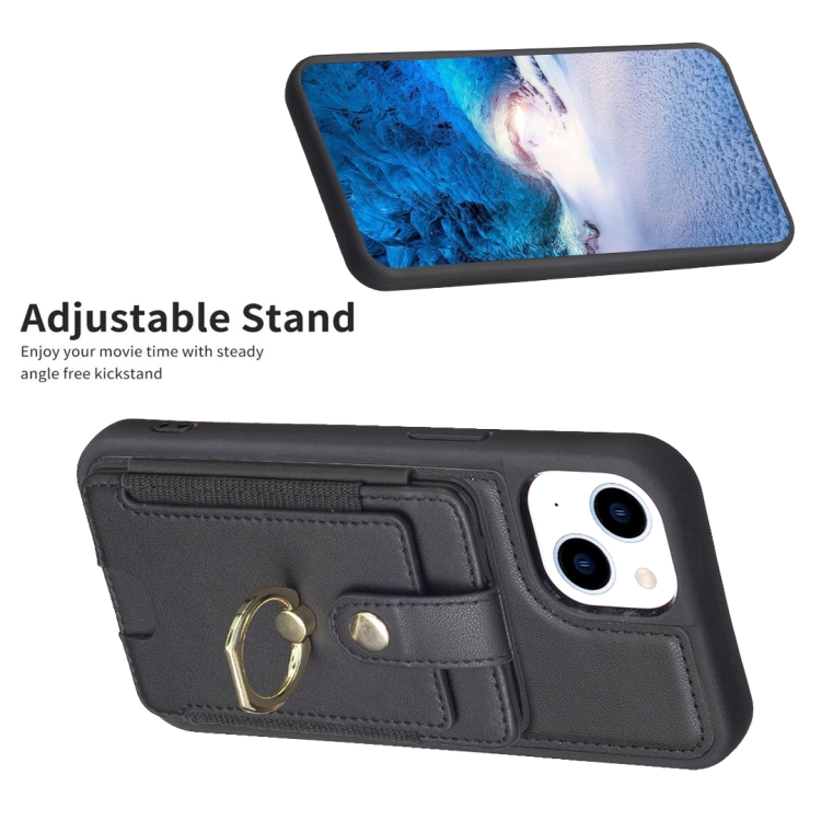 For iPhone 14 / 13 BF27 Metal Ring Card Bag Holder Phone Case(Black) For iPhone 14 / 13 BF27 Metal Ring Card Bag Holder Phone Case(Black)