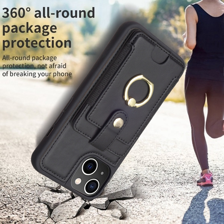 For iPhone 14 / 13 BF27 Metal Ring Card Bag Holder Phone Case(Black) For iPhone 14 / 13 BF27 Metal Ring Card Bag Holder Phone Case(Black)