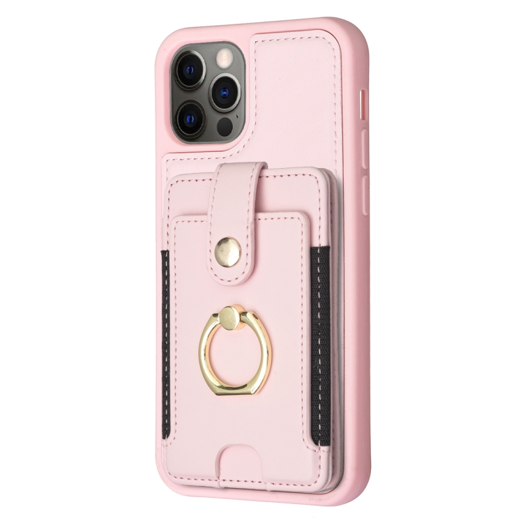 For iPhone 12 / 12 Pro BF27 Metal Ring Card Bag Holder Phone Case(Pink) For iPhone 12 / 12 Pro BF27 Metal Ring Card Bag Holder Phone Case(Pink)