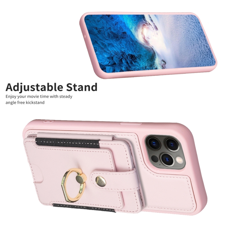 For iPhone 12 / 12 Pro BF27 Metal Ring Card Bag Holder Phone Case(Pink) For iPhone 12 / 12 Pro BF27 Metal Ring Card Bag Holder Phone Case(Pink)