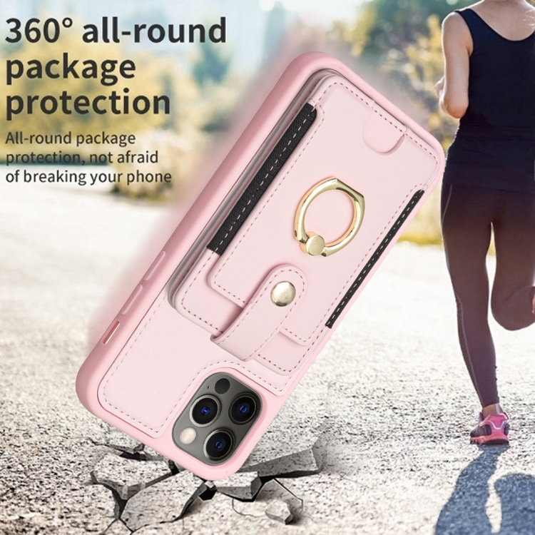 For iPhone 12 / 12 Pro BF27 Metal Ring Card Bag Holder Phone Case(Pink) For iPhone 12 / 12 Pro BF27 Metal Ring Card Bag Holder Phone Case(Pink)